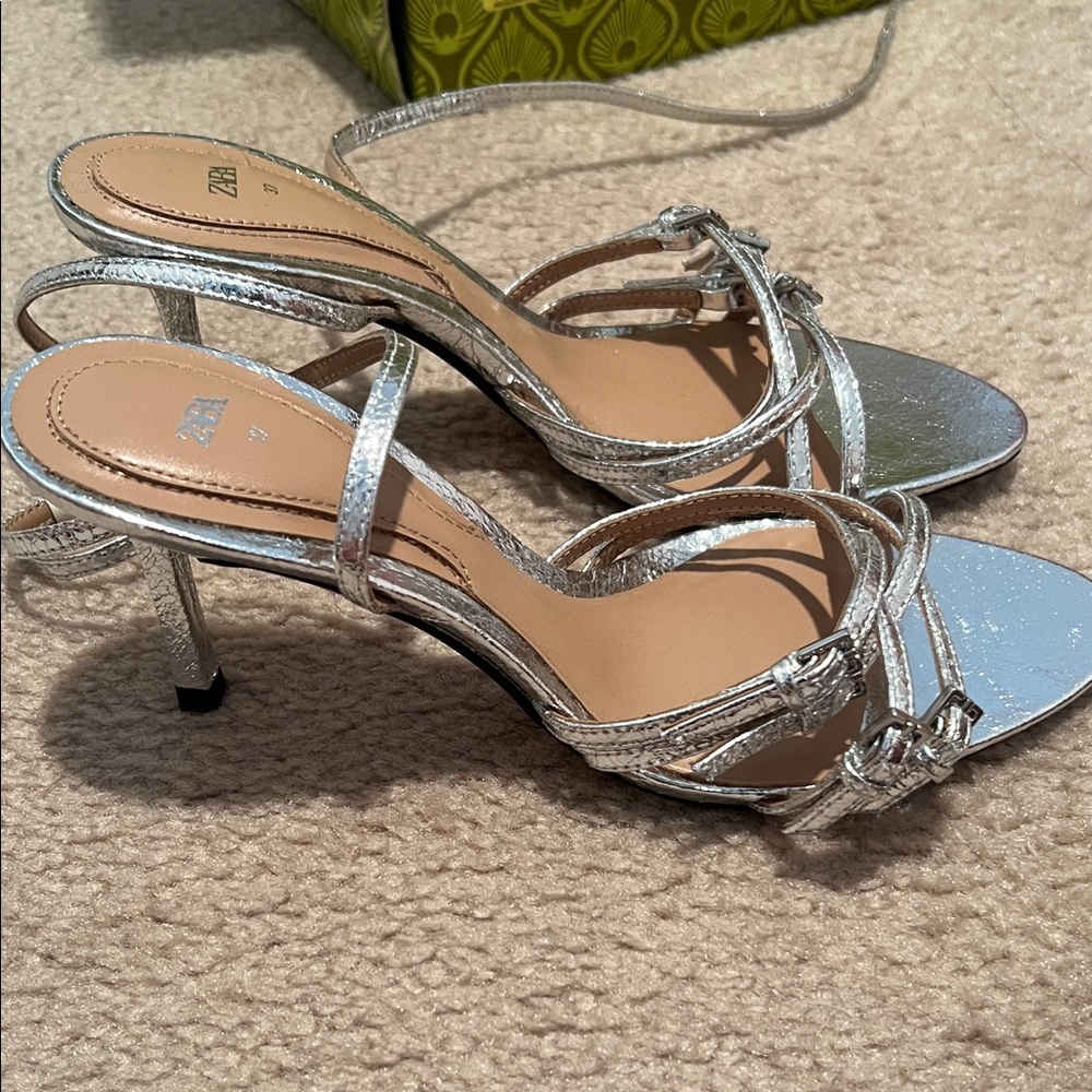 Zara Metallic Silver Heeled Sandals - Picture 2 of 3